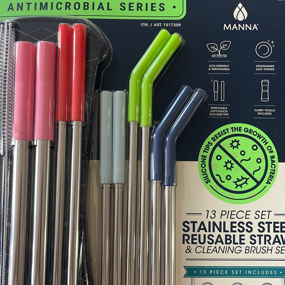 Manna Stainless Steel Reusable Straw & Cleaning Brush Set 13 Piece